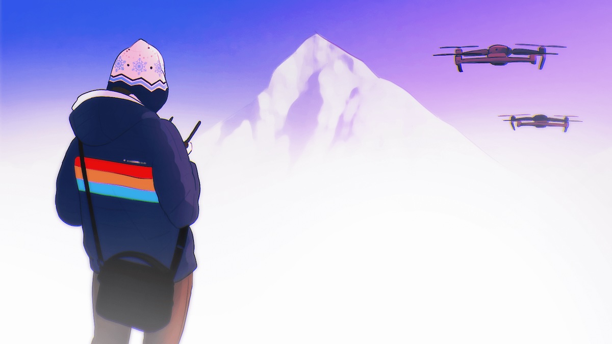 artwork of man flying two drones in front of a mountain blanketed by fog